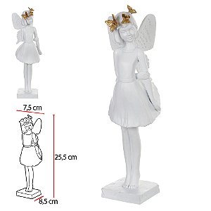ESCULTURA DECOR POLIRESINA FADA (BRANCO DOURADO) 25,5X7,5X8,5cm