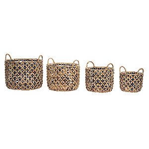 Kit Cestos Rattan com 4 Unidades (Bege/Azul)