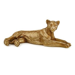 Escultura Dourada Leoa Repousando em Polirresina (17525) | Decoração