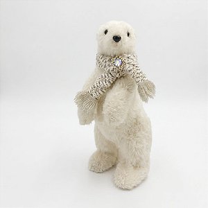 Urso Decorativo de Natal em Pé Branco C/ Broche de Pedraria | 31 cm (BC2547)