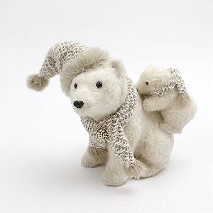 Urso Decorativo de Natal com Filhote nas Costas Branco 33cm (BC2549)