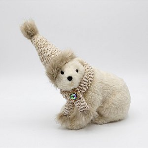 Urso Sentado e com Broche Decorativo de Natal Branco 25cm (BC2551)
