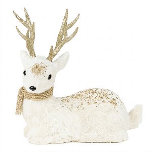 Rena Decorativa Deitada com Glitter Branco e Dourado 35cm (BC3070) | Decoração