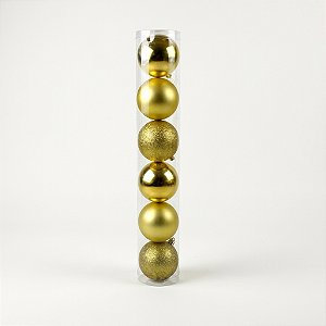 Jogo Tubo 6 Bolas 7cm Ouro de Natal Brilho, Fosco e com Glitter (BM921) | Decoração
