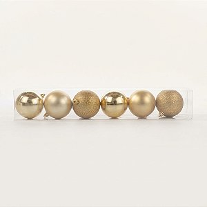 Jogo Tubo 6 Bolas 10cm Champagne de Natal Brilho, Fosco e com Glitter (BM937) | Decoração