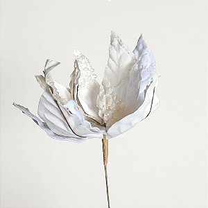 Flor de Poinsétia Artificial Branca com Pérolas e Glitter 27cm (FL3288) | Decoração