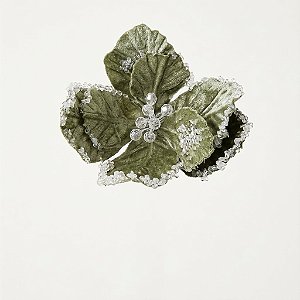Flor de Poinsétia Artificial Aveludada Verde com Cristais e Pérolas 18cm (85292005)