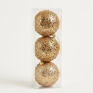 Bola Decorada Dourada com Paetês e Glitter 10cm com 3 Peças (BD2556)