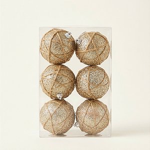 Kit de Bolas Decoradas com Glitter e Corda Trançada 6cm com 6 Peças (15569)