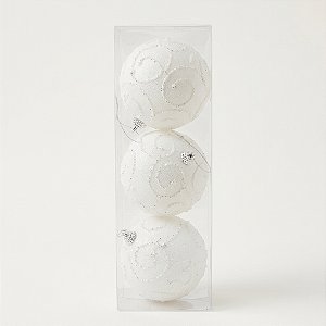 Bola Decorada Branca com Glitter e Arabescos 10cm com 3 Peças (BD4502)