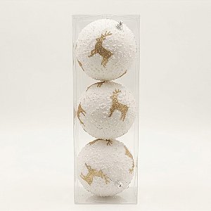 Bola Decorada Branca Texturizada com Rena Dourada 10cm com 3 Peças (BD4596)