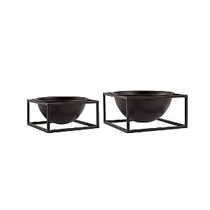 11021 - Kit Cachepot Preto em Metal com Suporte - 2 Pçs