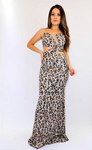 Vestido Longo Decote Costas Animal Print Preto