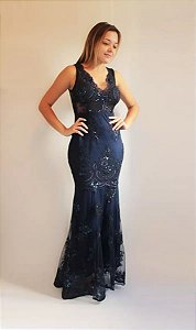 Vestido De Festa Longo Sereia Azul Marinho