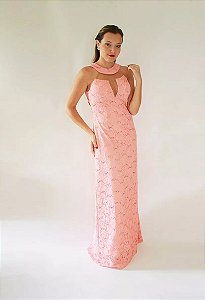 Vestido Renda Longo Com Brilho Rosa