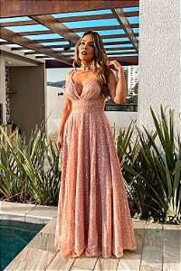 Vestido De Festa de Gala Paetê Longo Evasê Coral