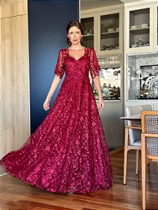 Vestido Longo Bordado Floral Com Mangas Curtas Madrinha e Mãe de Noiva Marsala