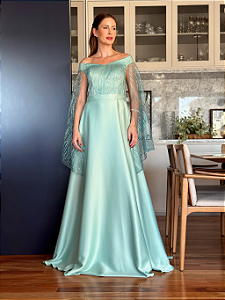 Vestido Longo Godê Ombro-A-Ombro Capa Manga Longa Verde Menta