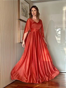 Vestido de Festa Longo Godê Brilho Capa Manga Terracota