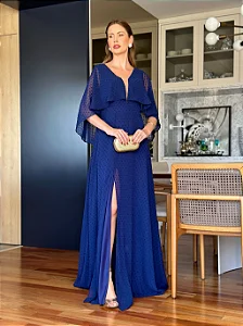 Vestido De Festa Longo Manga Capa Azul Marinho