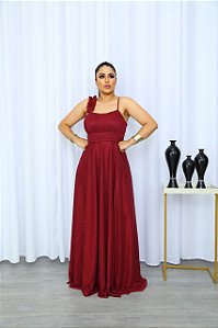 Vestido de Festa Longo Tule Cristal Brilho e Drapeado Flor no Ombro Marsala
