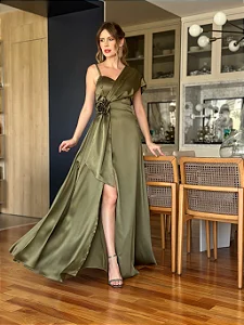 Vestido De Festa com Fenda e Faixa Ajustável Madrinhas e Mães de Noivas Verde Oliva