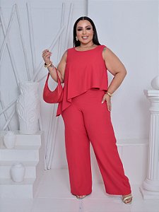 Macacão Feminino Plus Size com Sobreposto Vermelho