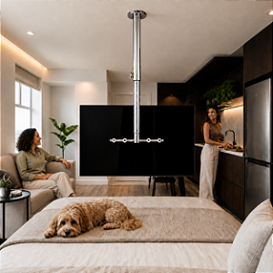 Suporte Giratório TV - Modelo Teto - Com Regulagem de Altura - Cor Brilhante - Aço Inox - Vidro Preto Para TV’s de 32” a 55”