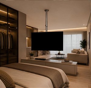 Suporte Giratório TV - Modelo Teto - Com Regulagem de Altura - Cor Brilhante - Aço Inox - Vidro Preto Para TV’s de 32” a 55”