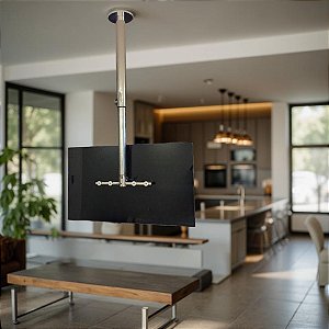Suporte Giratório TV - Modelo Teto - Com Regulagem de Altura - Cor Brilhante - Aço Inox - Vidro Preto Para TV’s de 32” a 55”