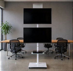 Suporte Pedestal para 2 TVs – Branco – Com Prateleira e Regulagem de Altura - Sob Encomenda