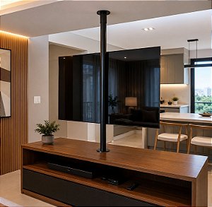 Suporte Giratório TV _ Fixação Móvel e Teto - Tubo Preto - Chapa TV Vidro Preto - Sob Medida - Para TV’s de 32” a 75”