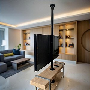 Suporte Giratório TV _ Fixação Móvel e Teto - Tubo Preto - Chapa TV Vidro Preto - Sob Medida - Para TV’s de 32” a 75”