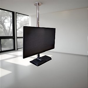 Suporte Giratório TV _ Fixação Teto _ Inox Polido _ Com Prateleira _ Altura Sob Medida _ Chapa Fixação TV Aço Preto _ Para TV’s de 32” a 55”