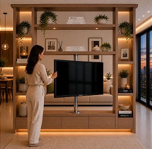 Suporte Giratório TV _ Inox Polido - Fixação Móvel e Teto - Chapa TV Aço Preto - Sob Medida - Para TV’s de 32” a 75”
