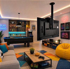 Suporte Giratório para TV no Teto Preto com Regulagem de Altura e Prateleira _ Aço Inox _ Para TV’s de 32” a 55”