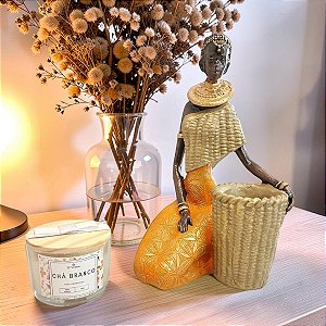 Dia Das Mães Kit Decorativo Escultura Africana Com Vela Chá Branco Presente Elegante