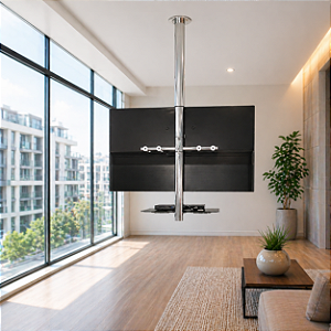 Suporte Giratório TV _ Fixação Teto _ Com regulagem de Altura e Prateleira _ Aço Inox Brilhante ou Escovado - Para TV’s de 32” a 55”