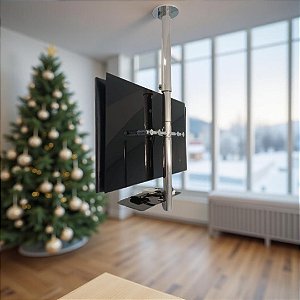 Suporte Giratório TV _ Fixação Teto _ Com regulagem de Altura e Prateleira _ Aço Inox Brilhante ou Escovado - Para TV’s de 32” a 55”