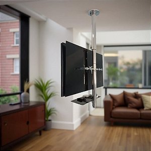 Suporte Giratório TV _ Fixação Teto _ Com regulagem de Altura e Prateleira _ Aço Inox Brilhante ou Escovado - Para TV’s de 32” a 55”
