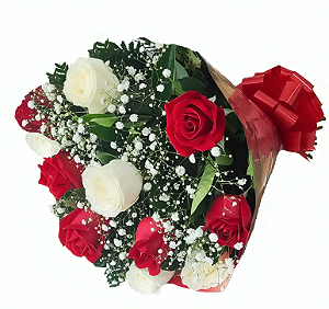 119 - Buquê de 12 rosas vermelha e branca