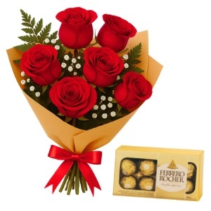 287 - Buquê com 6 rosas e Ferrero