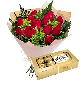 122 - Buquê Love 12 rosas e Ferrero
