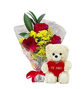 413 - Arranjo com 3 rosas e pelucia