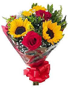 104 - Buquê de 2 rosas e 3 girassóis