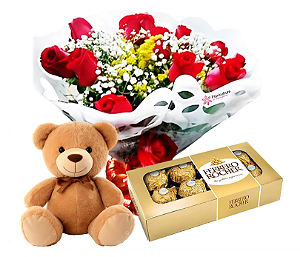 Buquê de 12 rosas, pelucia e Ferrero
