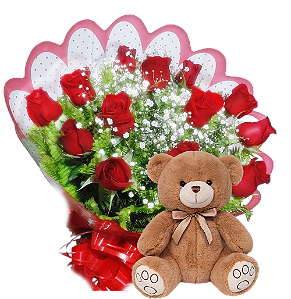 153 - Buquê de 12 rosas e pelucia