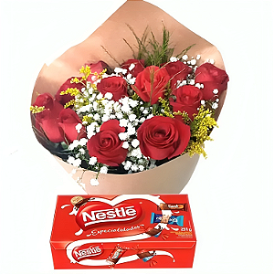 Buquê 12 rosas e caixa de bombom