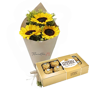 142 - Arranjo com 3 girassois e Ferrero