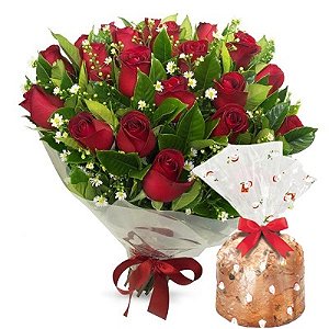 004 - Buquê 30 rosas e panetone